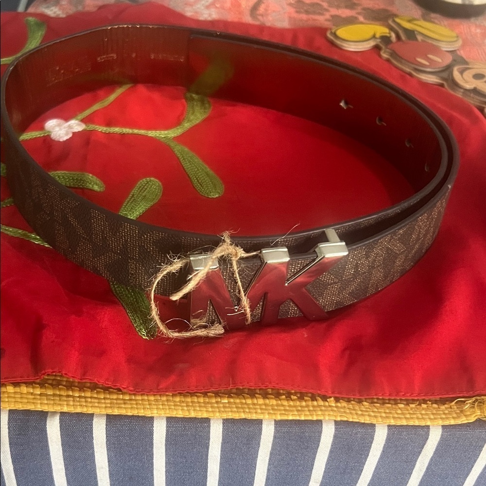 Michael Kors Signature Brown Belt with Silver MK Buckle